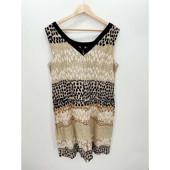 Pomodoro Dress Women 12 Tan Black Polka Dot Sleeveless Cotton Linen Shift Pocket - Picture 2 of 8